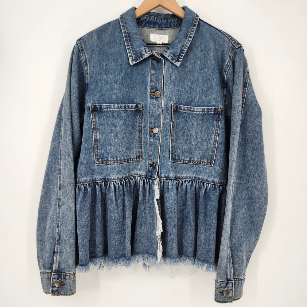 Peplum Ruffle Frayed Hem Coastal Cowgirl Denim Jacket Size L Festival Western